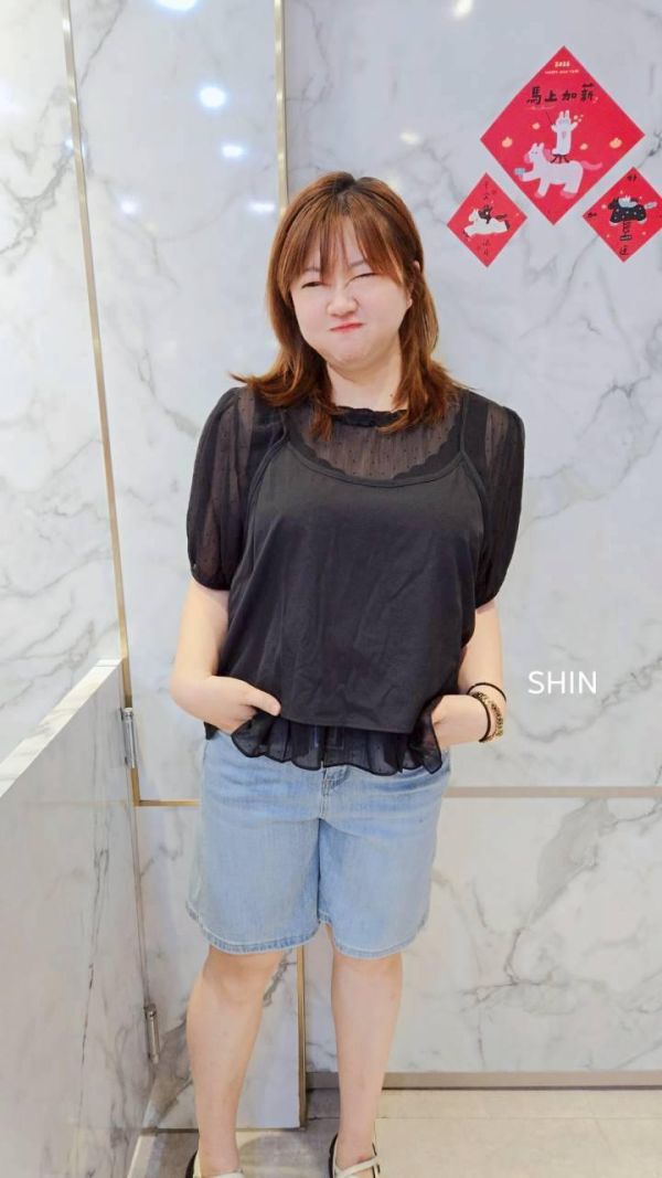 黑色個性點點雪紡真兩件上衣 