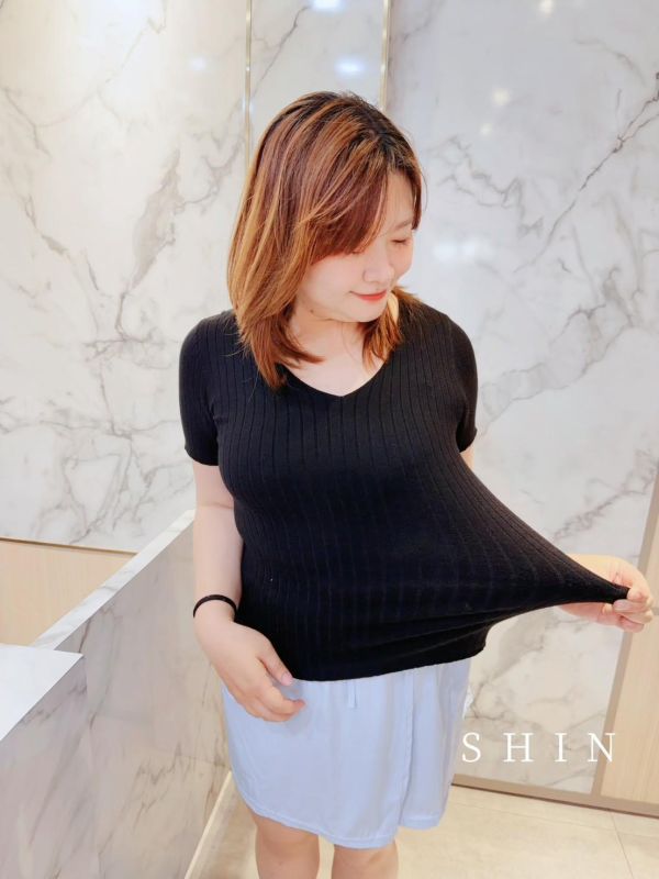 V領薄針織彈性上衣(深灰/白/果綠/黑色) 