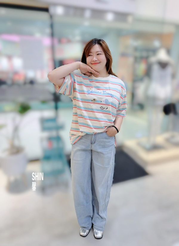 青春感狗狗臉T(條紋/杏) 