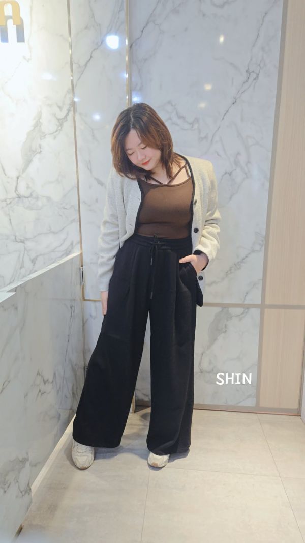 超長腿抽繩刷毛寬褲(黑/深灰) 