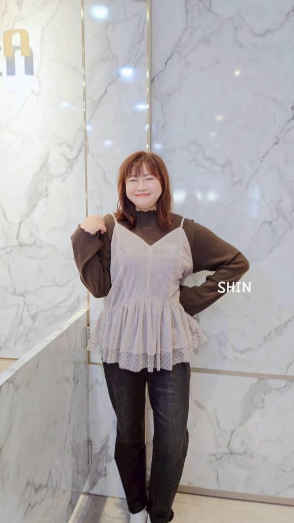 拼接吊帶網紗背心(灰/杏) 