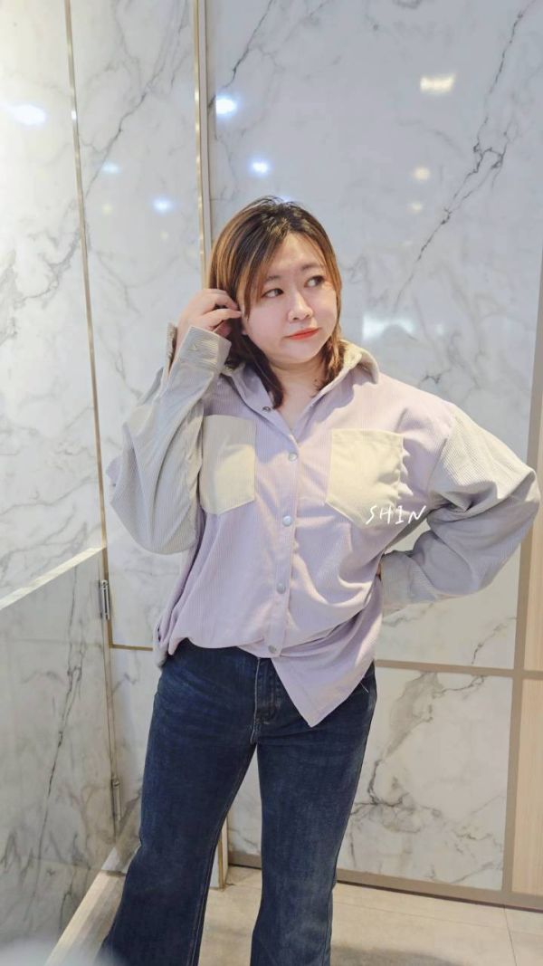 韓版燈芯絨撞色拼接襯衫(紫/灰/杏) 