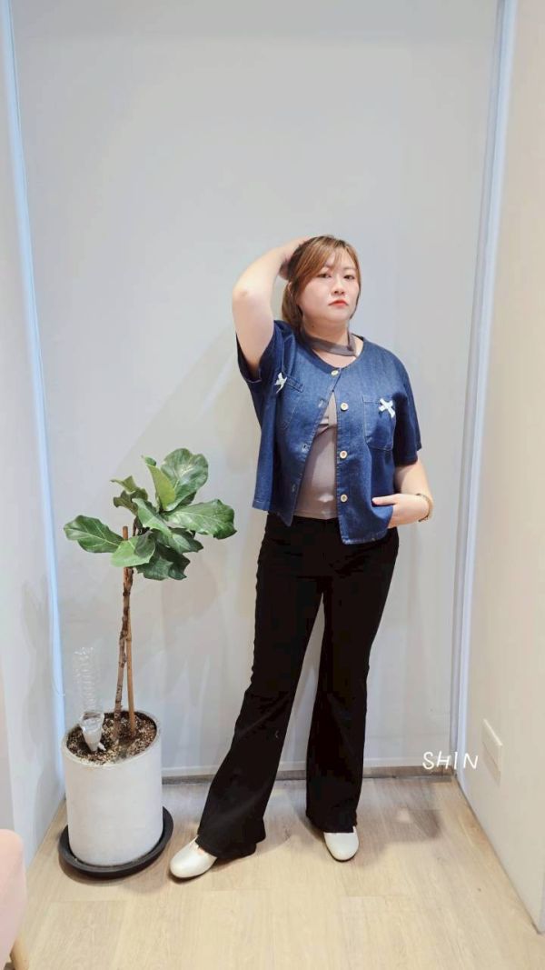 蝴蝶結牛仔短袖襯衫 