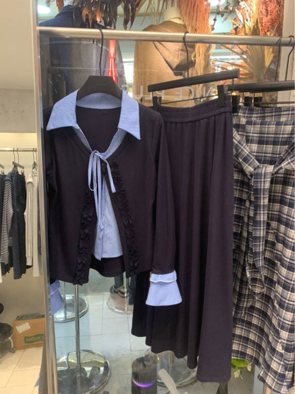 氣質小姐姐襯衫假兩件長裙組(寶藍/灰) 