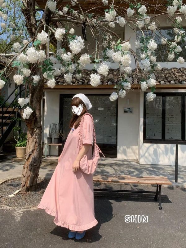 仙氣飄飄斜垮包方領洋(黃/粉/紅/藍) 