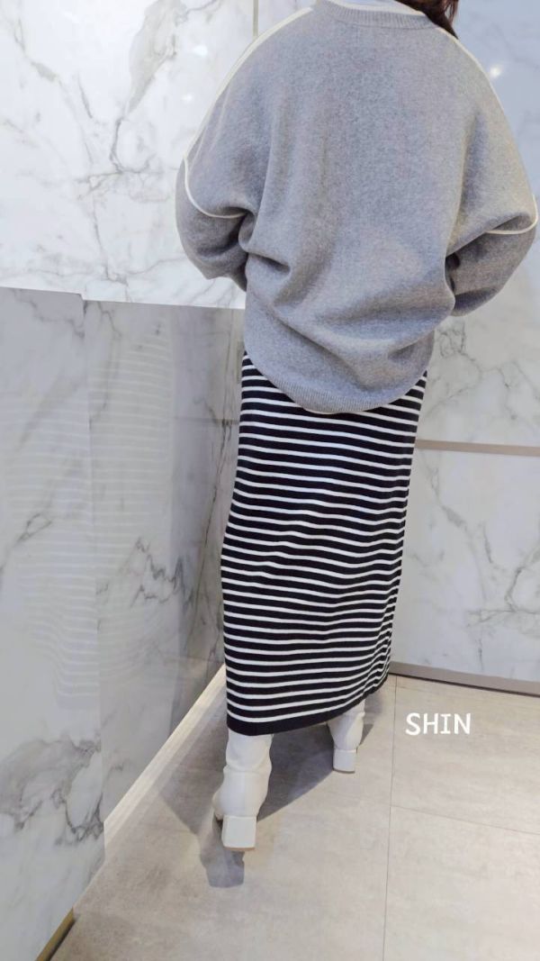 日系小姐姐必備條紋針織長裙(咖杏/黑白/灰杏) 