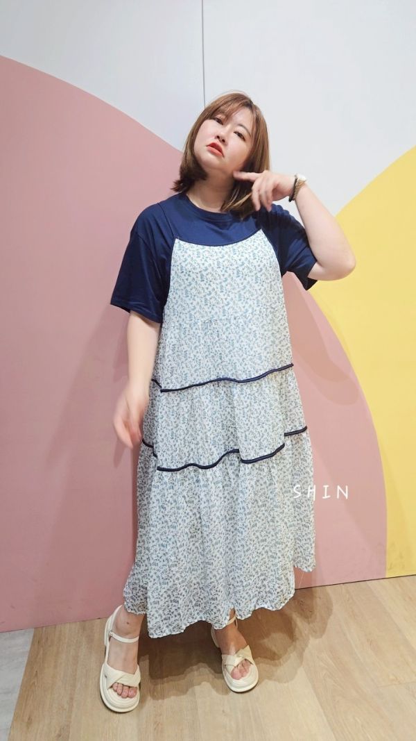碎花吊帶洋裝套裝(藍/粉) 