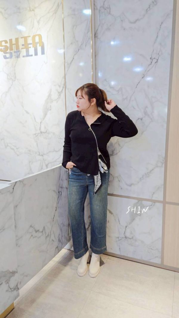 雙開拉鍊圓領針織衣(黑/白) 