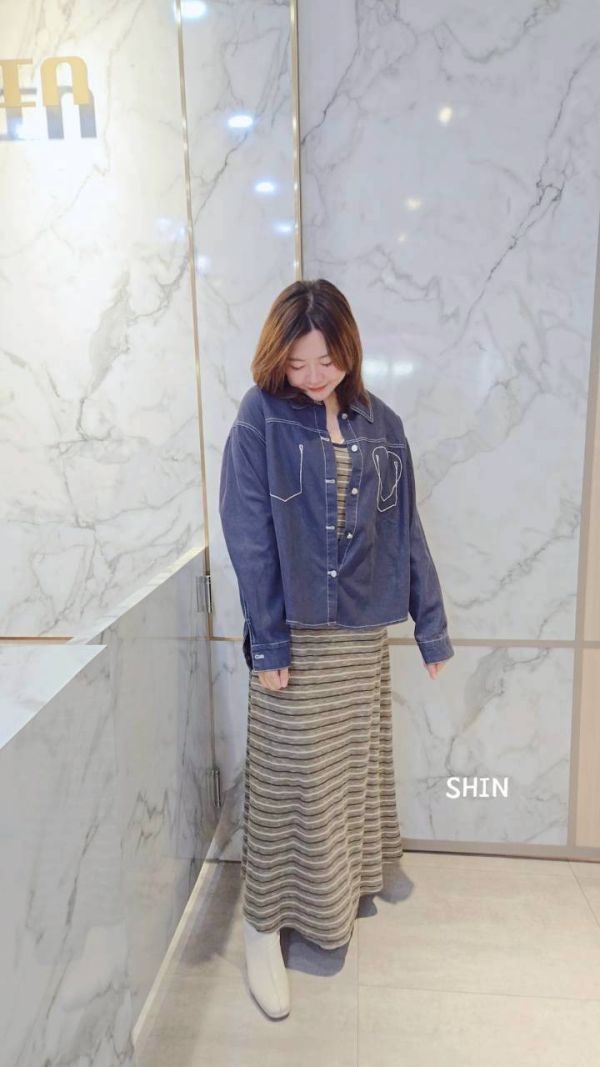 條紋長版洋+愛心襯衫外套(藍/酒紅) 