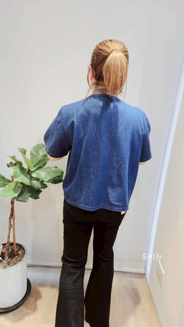 蝴蝶結牛仔短袖襯衫 