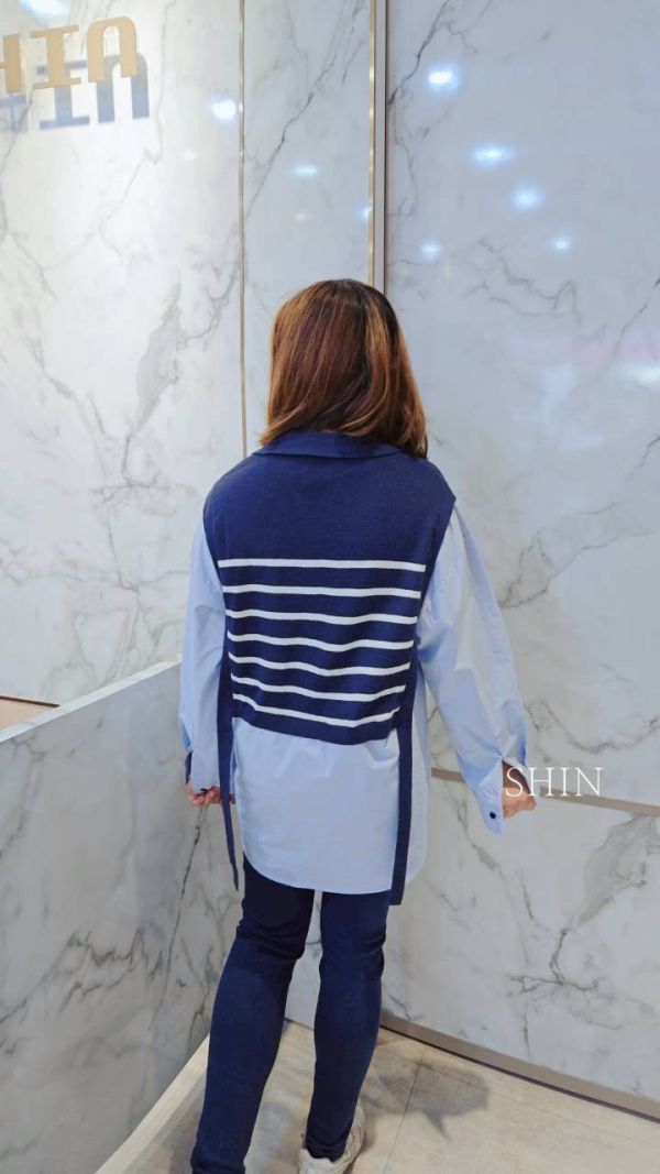 毛織拼接襯衫女假兩件(藍/白/杏) 