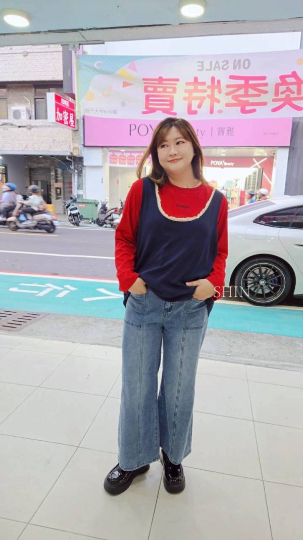 口袋牛仔闊腿褲 