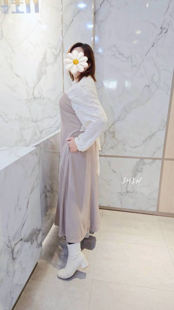 絕美蕾絲拼接綁帶長洋(奶茶/深灰) 