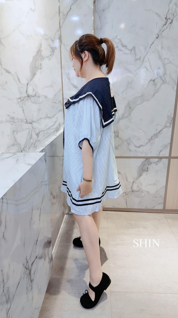 超寬鬆海軍領娃娃T(杏/藍) 