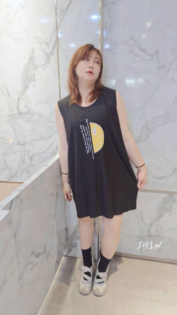 笑臉臉無袖長版T(粉/黑) 