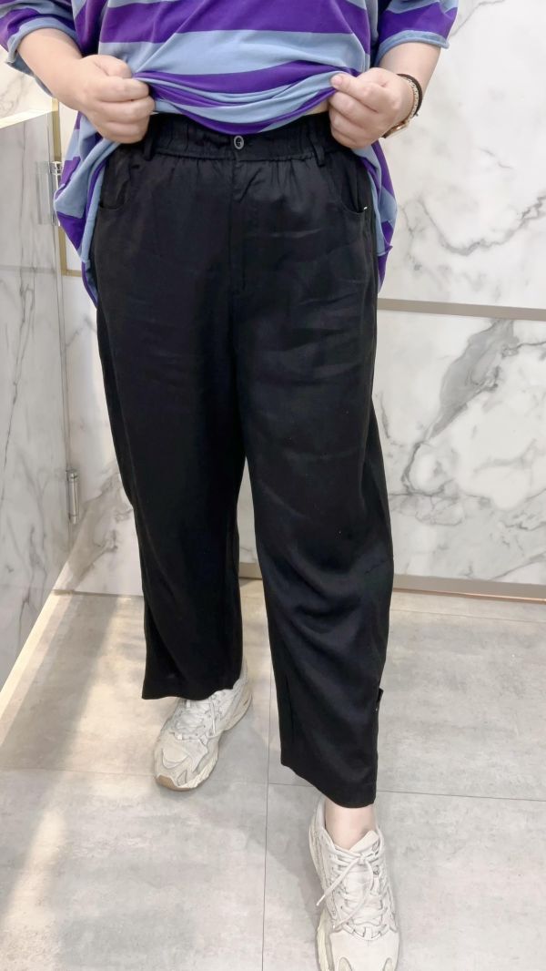 褲腳造型棉麻黑褲 