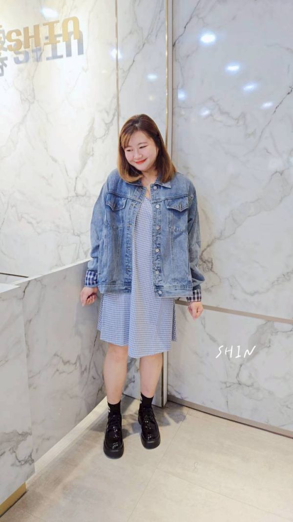 復古藍色反摺格袖牛仔外套 