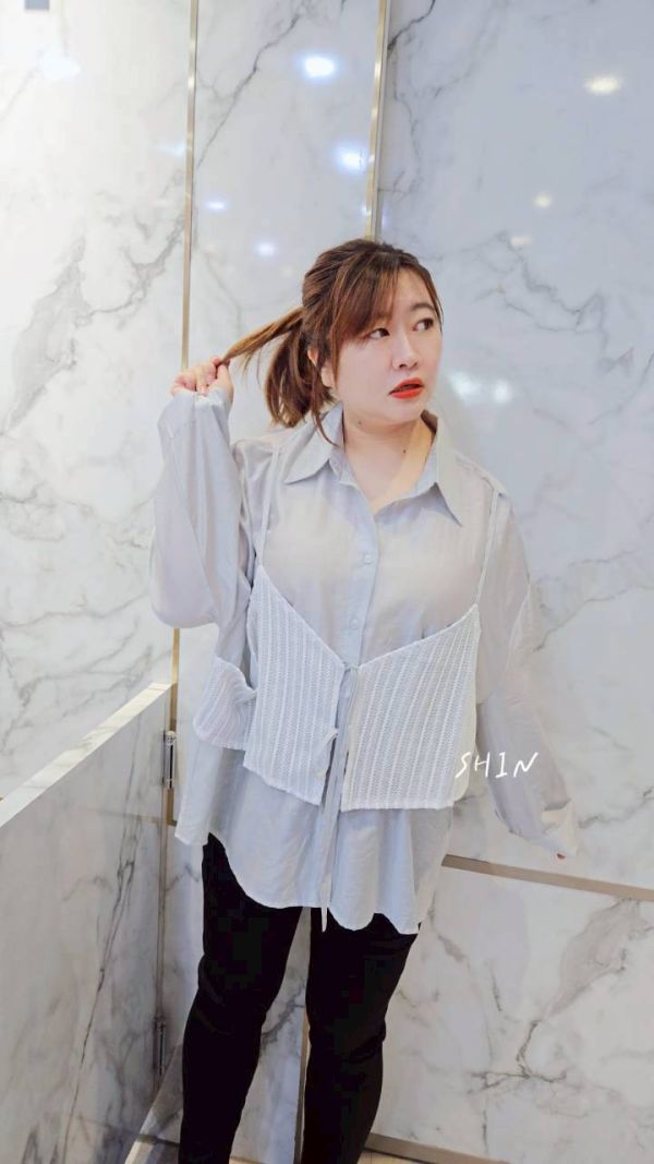 假兩件蕾絲背心雪紡襯衫(白/奶茶/灰) 