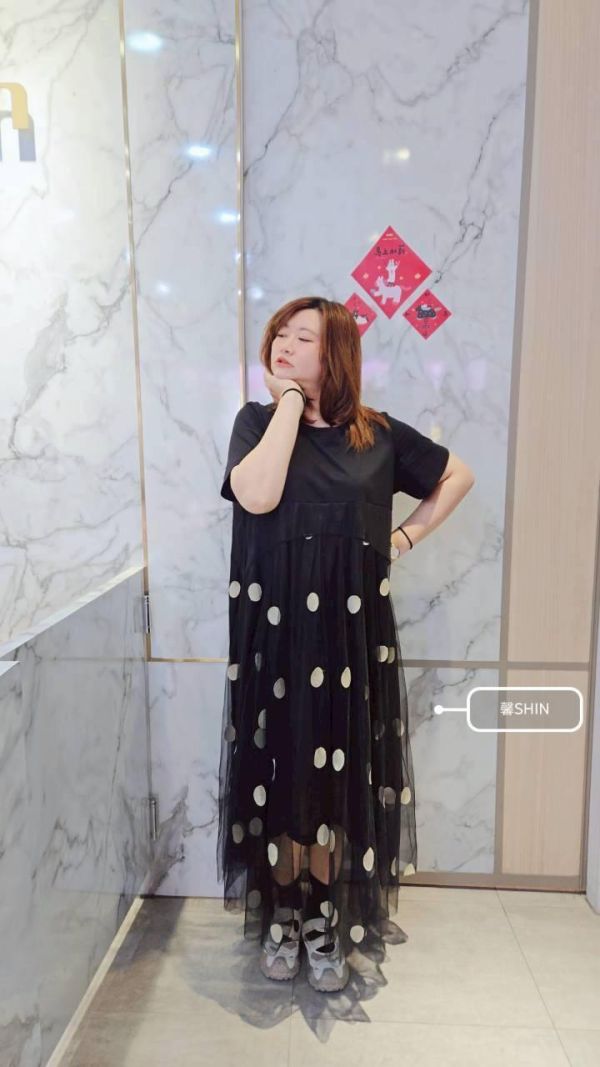 點點控請看拼接網紗點點假兩件長版洋 