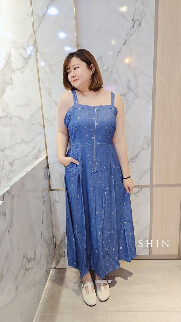 星星牛仔吊帶長裙 