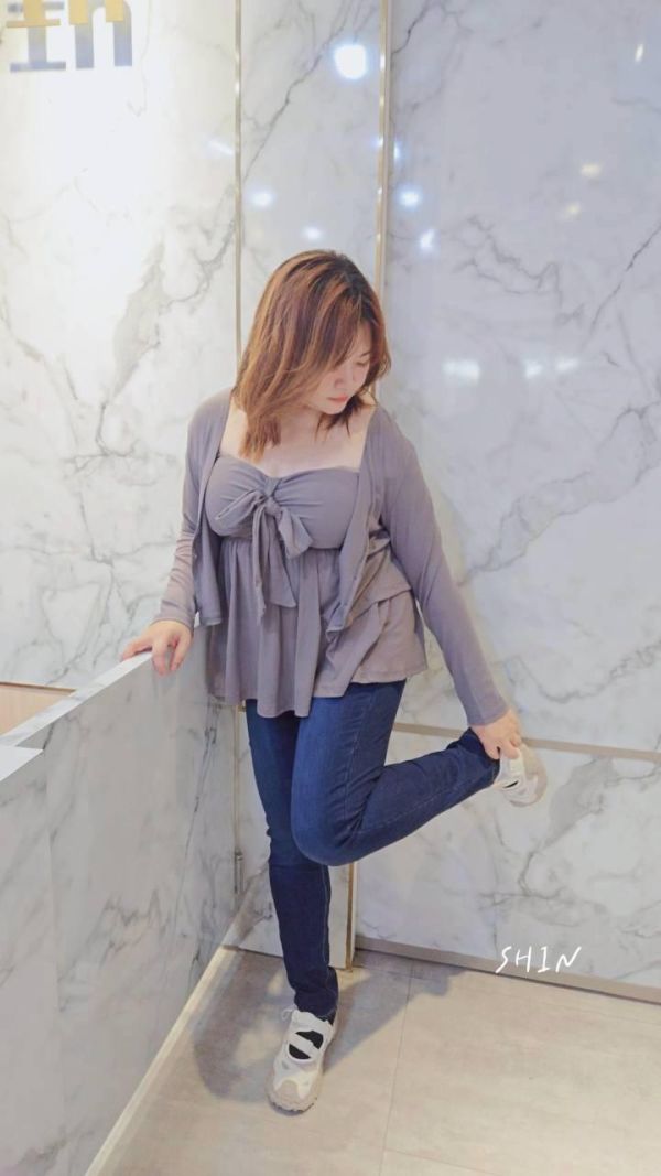 sexy平口上衣前蝴結+外套組(灰/黑) 