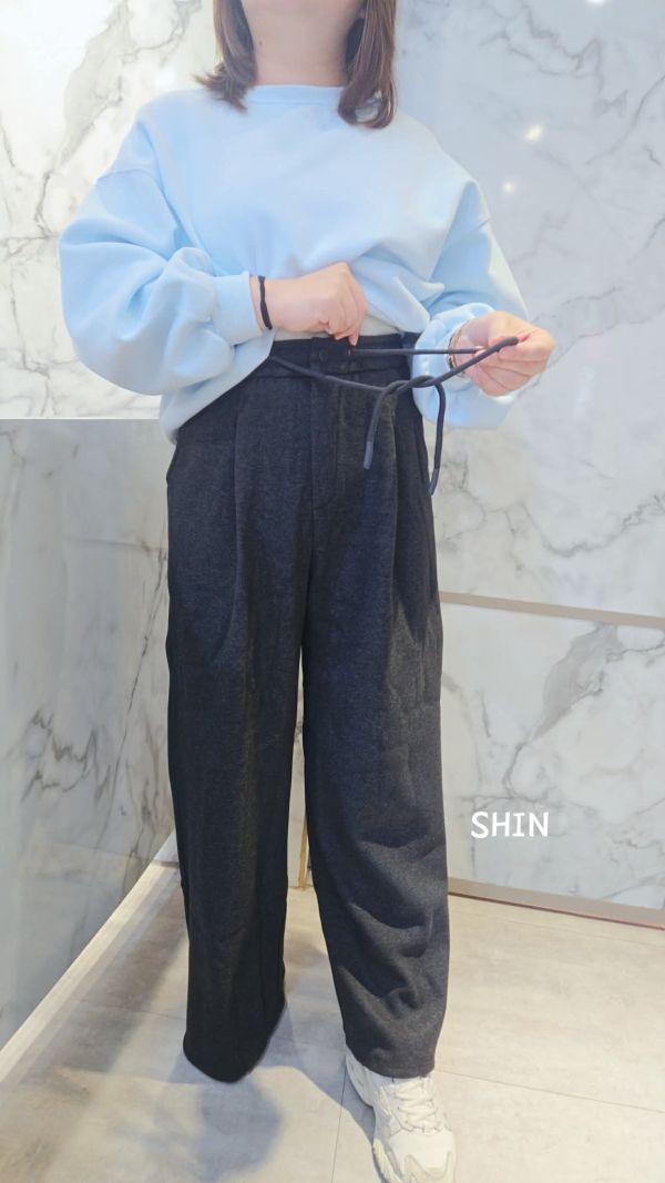 超長腿抽繩刷毛寬褲(黑/深灰) 