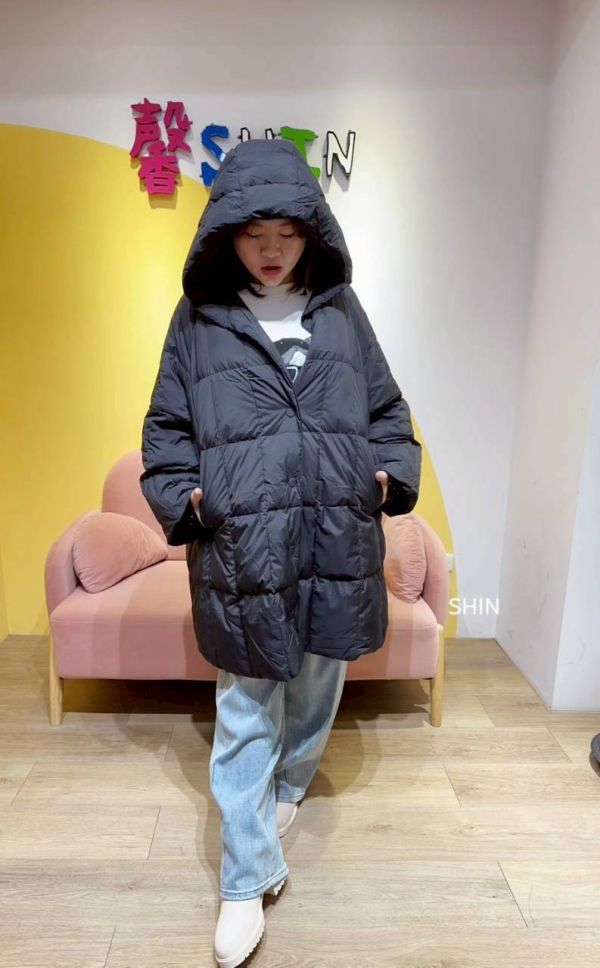 長版鴨絨方格外套(黑/杏) 