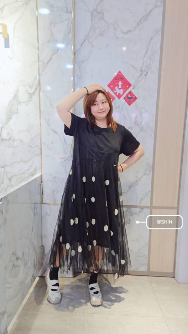 點點控請看拼接網紗點點假兩件長版洋 