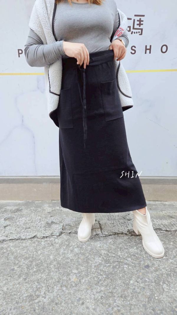 大口袋針織長裙(杏/咖/黑/灰) 