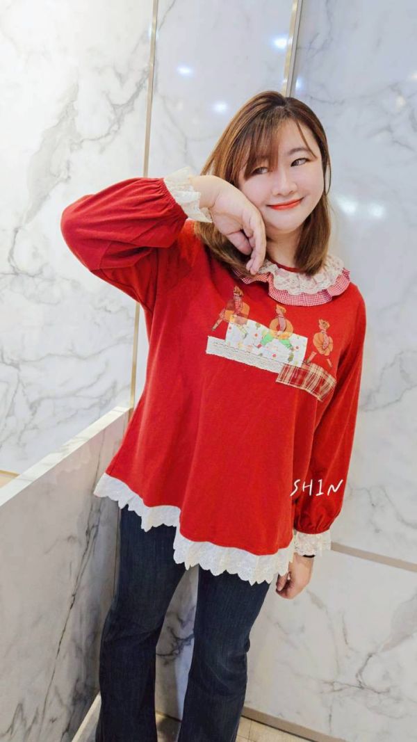 廣州自選款高品質手工蕾絲花邊T(紅/杏) 