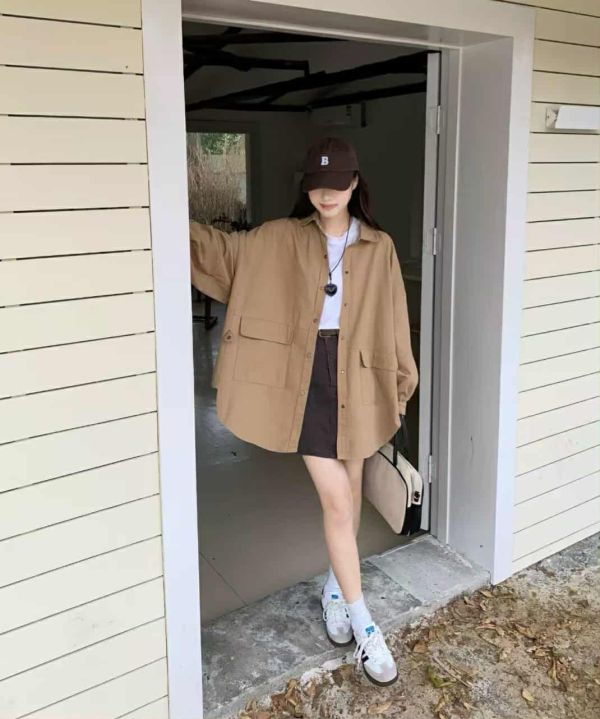 下雙口袋排釦襯衫(咖/杏/綠) 