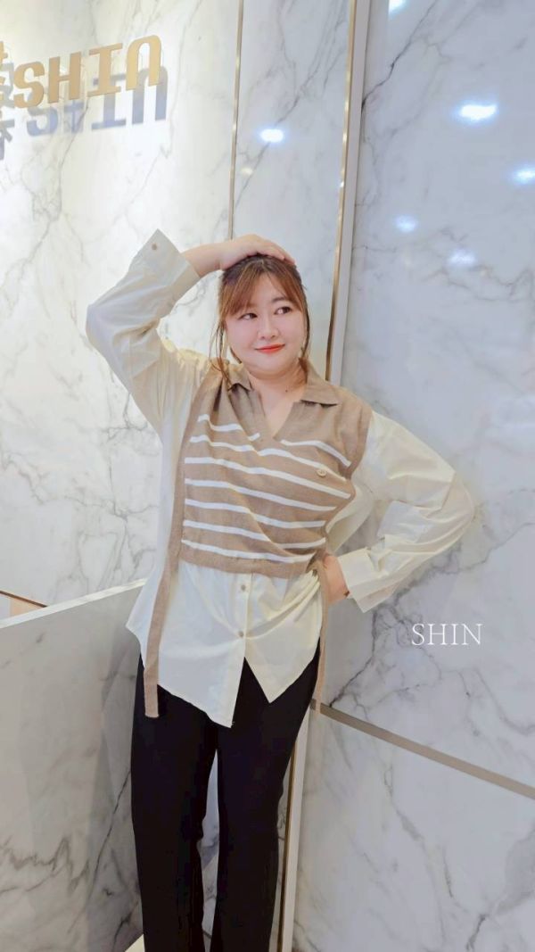 毛織拼接襯衫女假兩件(藍/白/杏) 