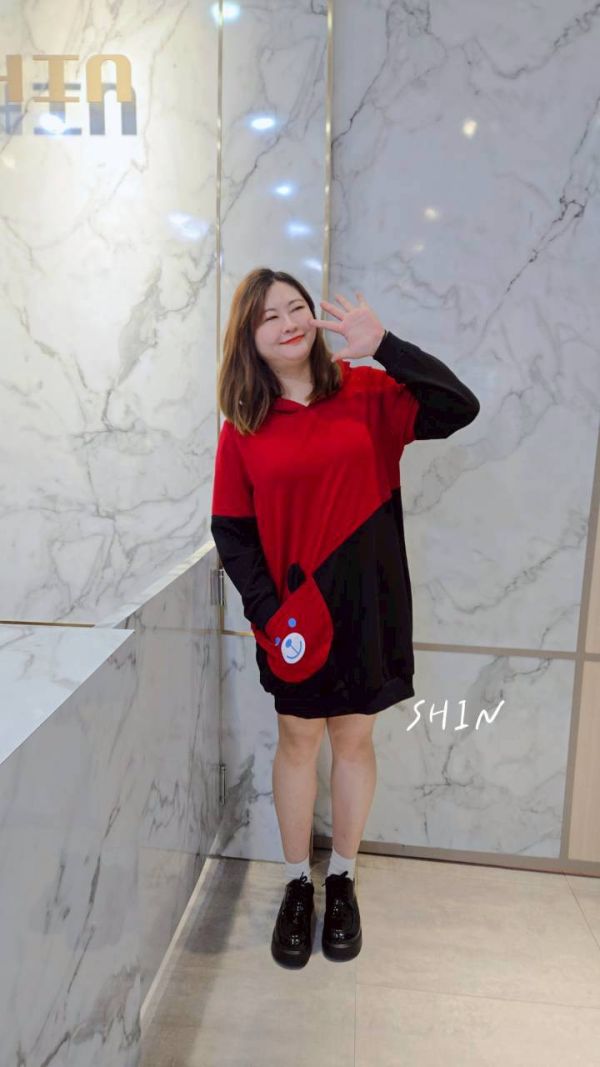 熊熊拼接長版帽T(紅/咖) 