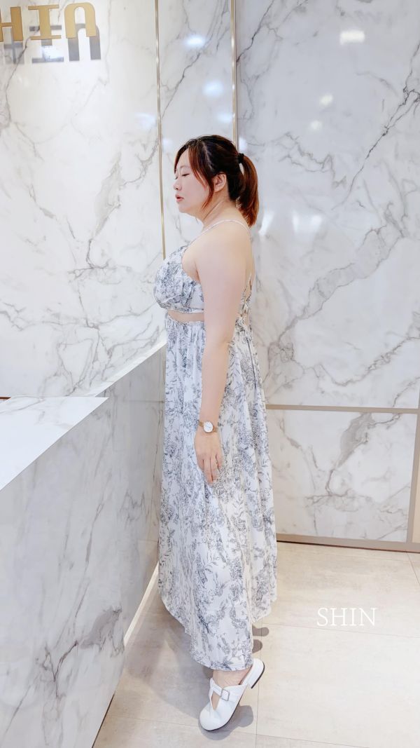 棉麻水墨花胸墊長洋(藍花/咖花) 