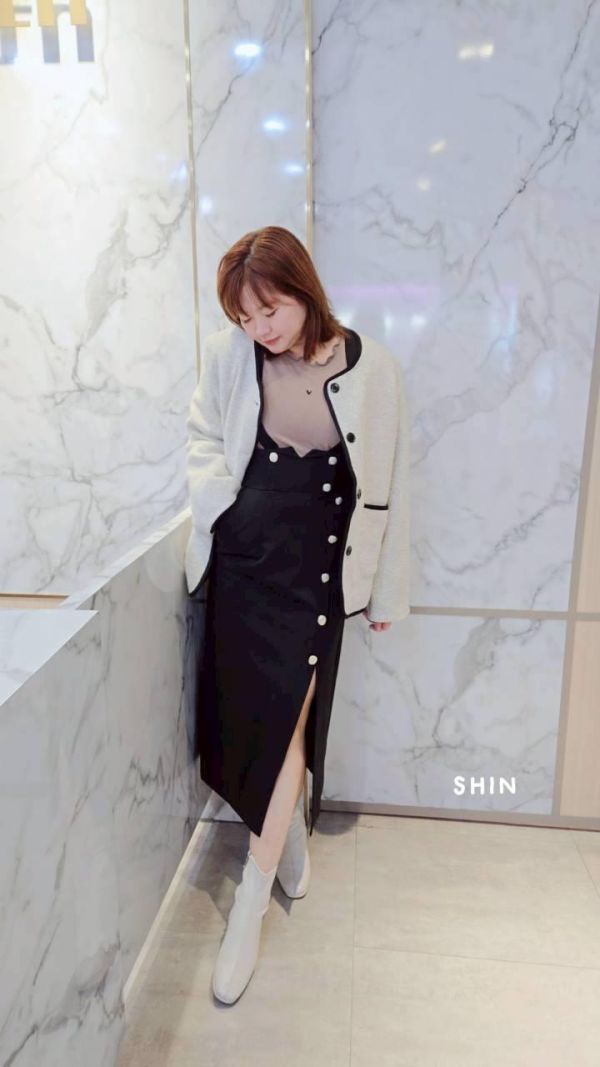 金釦前開衩兩穿吊帶長裙 