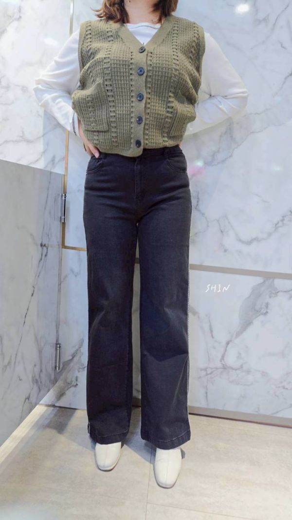 炭灰側撞蕾絲彈性寬褲 