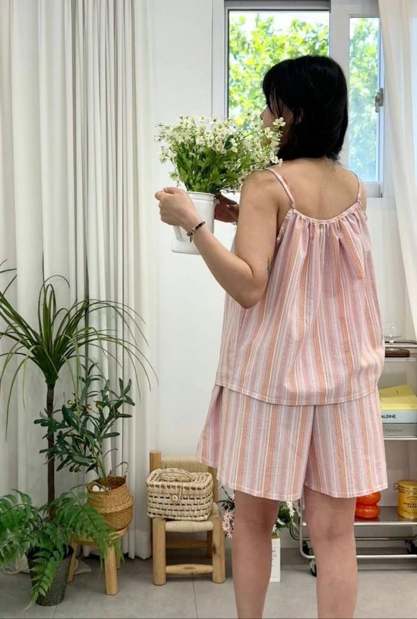正韓清涼直紋背心短褲套組（粉橘條/黃藍條） 