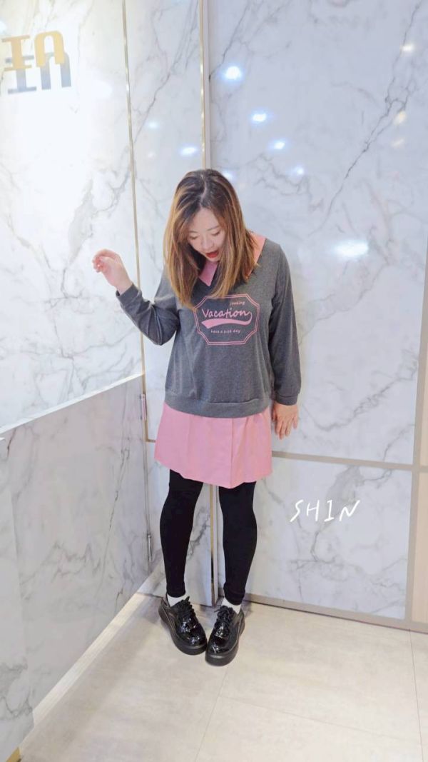 拼接色襯衫領長版衣(紫/灰) 