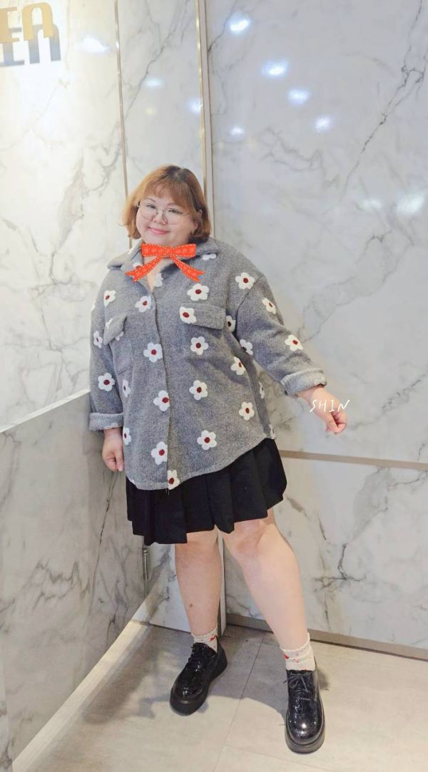 印小花花毛毛襯衫(灰/深藍) 