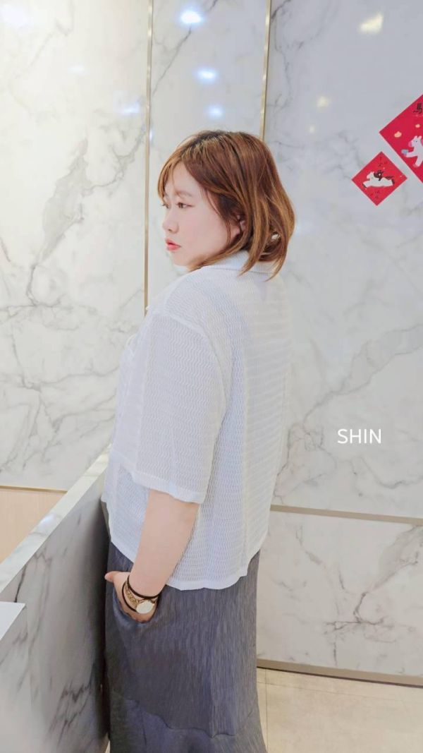 設計紋路短袖襯衫(灰藍/白) 