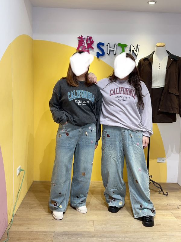 繡花狗狗可愛牛仔寬褲 