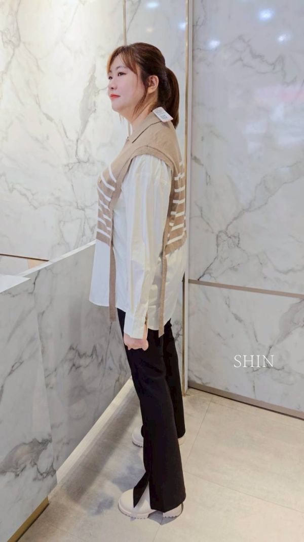 毛織拼接襯衫女假兩件(藍/白/杏) 