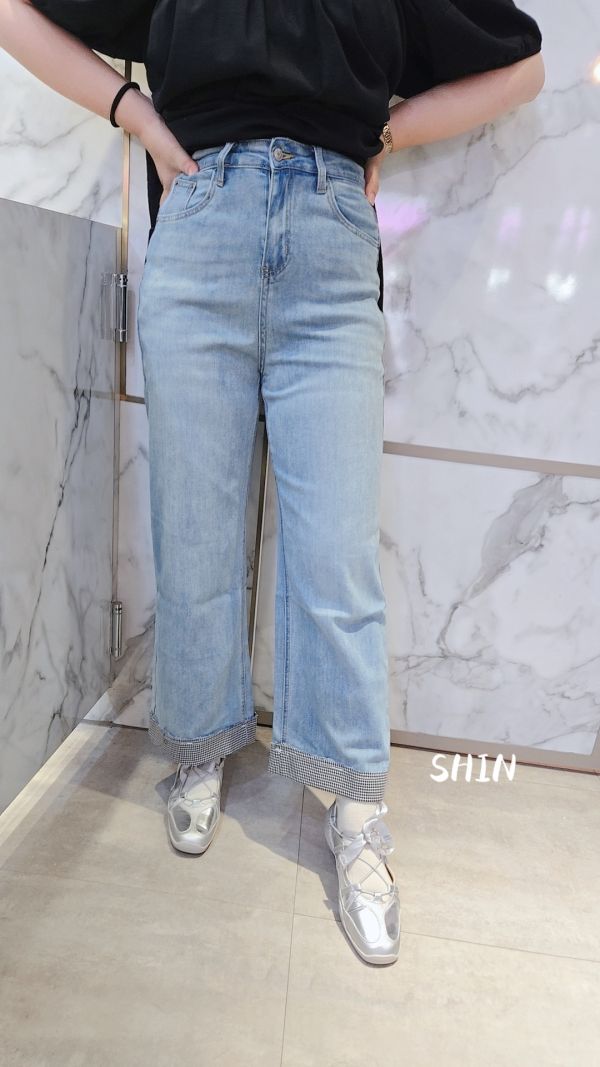 格子拼布牛仔寬褲 