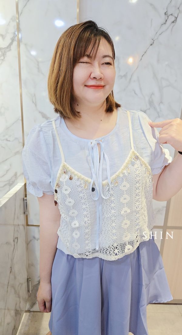 民俗風假2件麻紗上衣(杏/白/藍) 