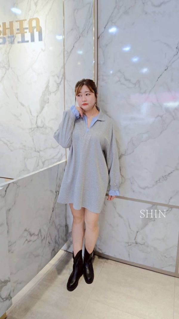 直紋襯衫領假兩件T(灰/黑) 