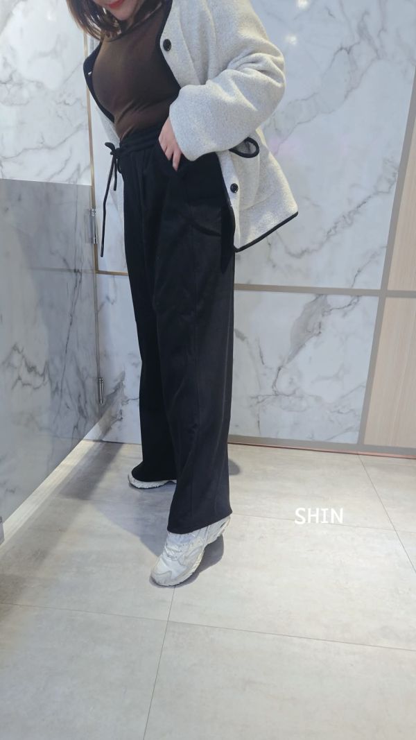 超長腿抽繩刷毛寬褲(黑/深灰) 
