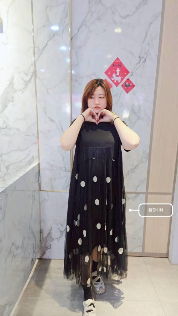 點點控請看拼接網紗點點假兩件長版洋 