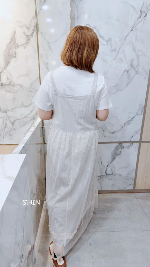 日系女孩薄麻拼紗吊帶裙 
