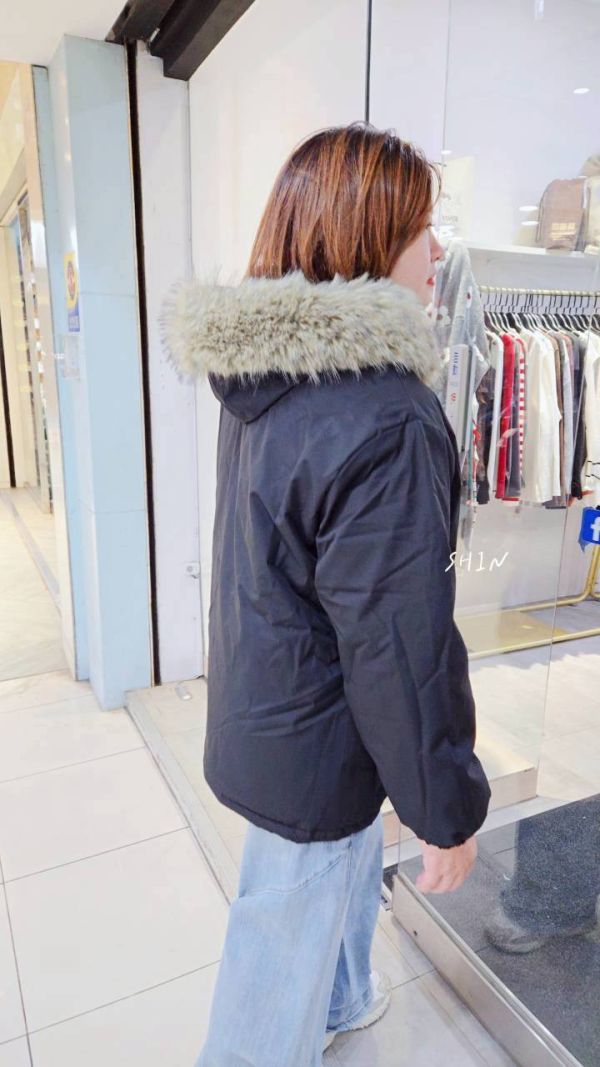 毛毛帽刷毛風衣外套(黑/深藍) 