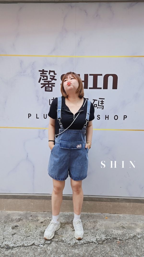兔兔耳朵吊帶短褲(紫/牛仔) 